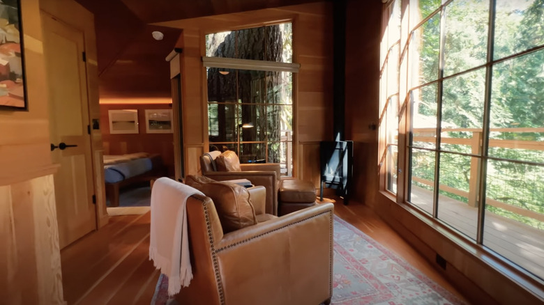 View of interior living room in Treehouse Point accommodation.