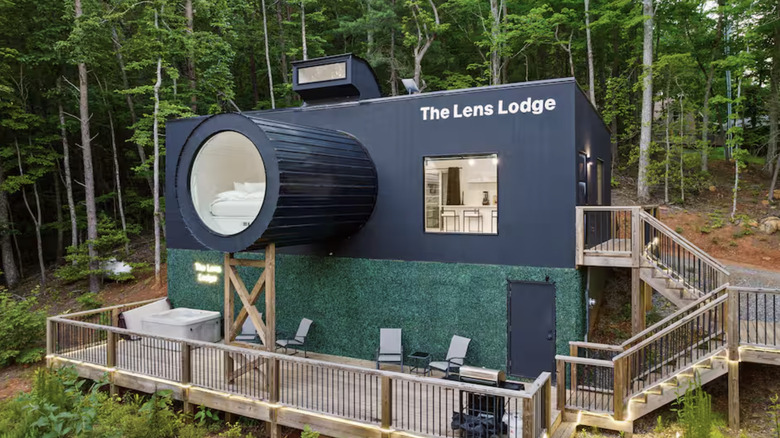 The exterior of the award-winning Lens Lodge, a camera-shaped Airbnb in Georgia