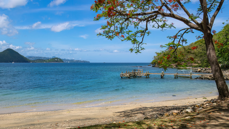 Small beach and jetty on Pigeon Island, St. Lucia