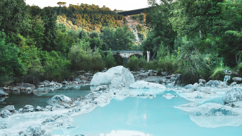 Natural springs and pools with pale white mud framed by a trees and a bridge in the distance