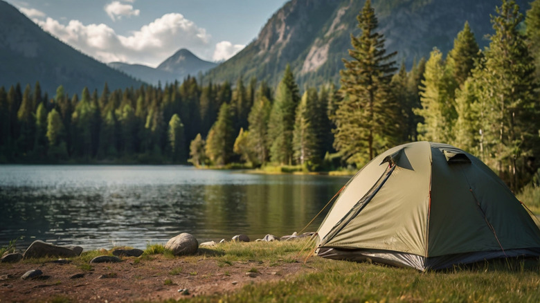 A tent overlooking a lake