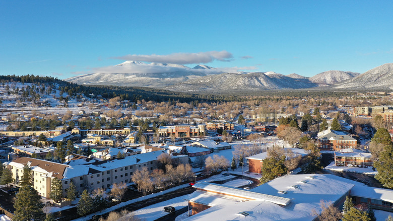 Snowflake Arizona with snowy mountains behind it