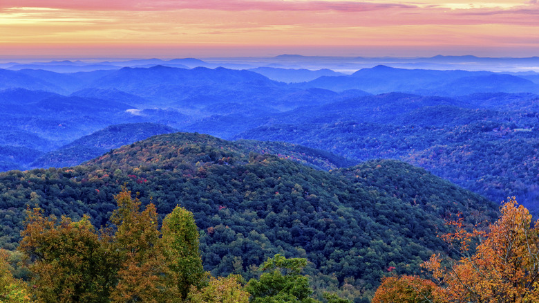 aerial fall sunset view of Blue Ridge Mountains