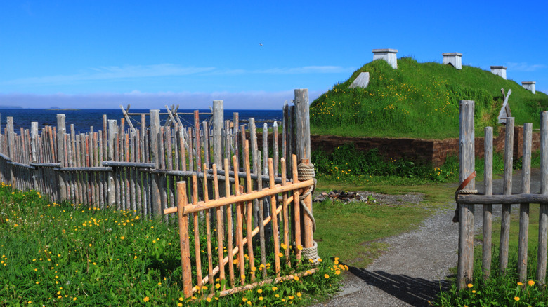 A gate leading to ancient homes of Viking settlers in L'Anse aux Meadows in Newfoundland