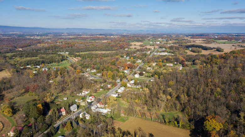Aerial view of Shippensburg, Pennsylvania area in the fall