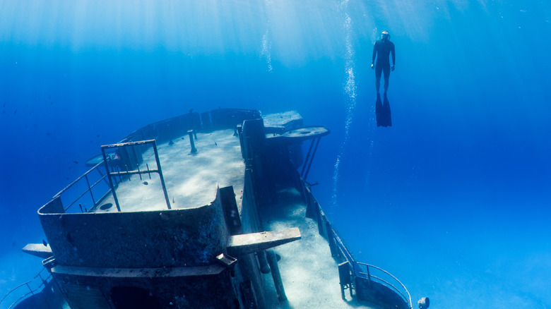 Snorkeler looking at a shipwreck