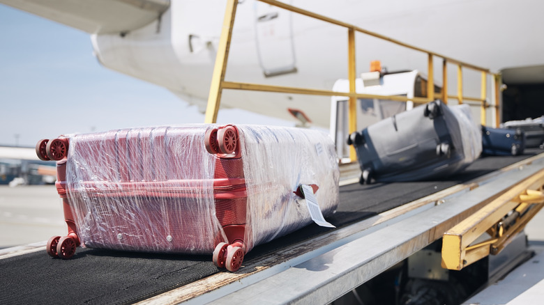Wrapped luggage being loaded onto a plane