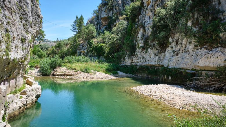 A stream and cliffs inside the Valle dell'Anapo in Sicily