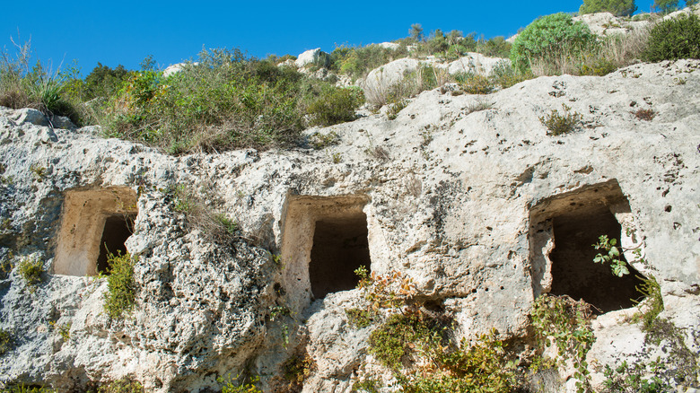 Trio of tombs at the Necropolis of Pantalica in Sicily