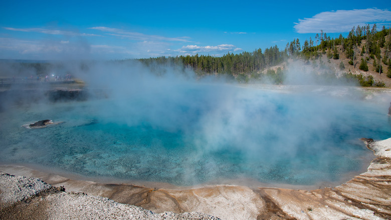 Excelsior Geyser with steam on the surface