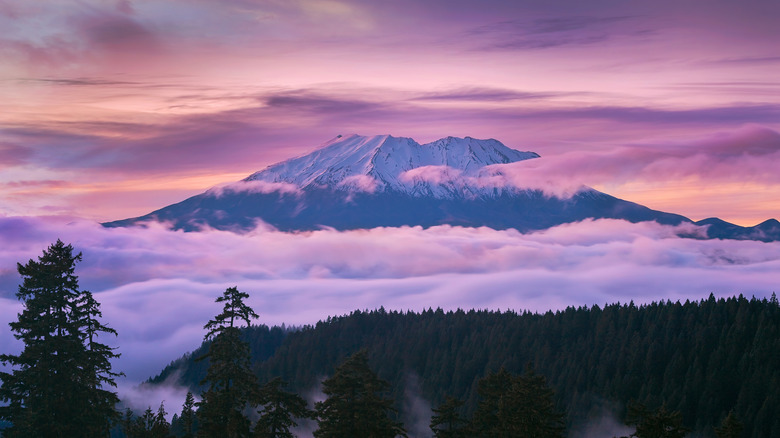 Mt. St. Helens at sunset, with clouds circling the base