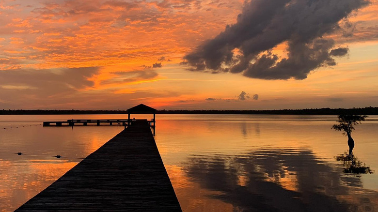 Sunset over the pier at Singletary Lake State park