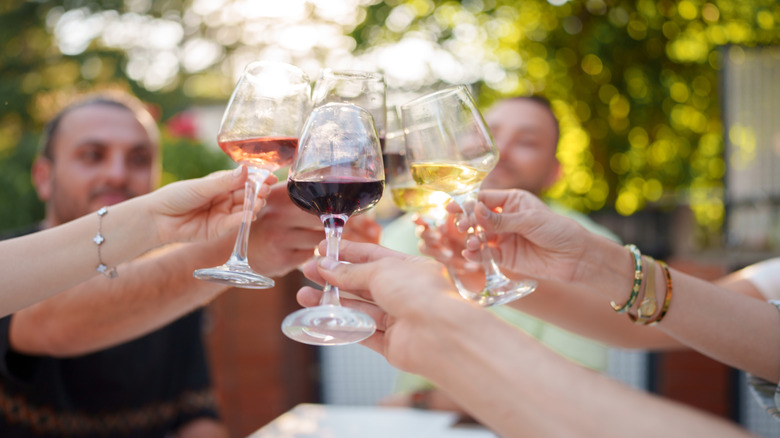 Group toasting with wine glasses outdoors