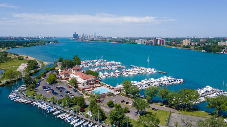 Detroit river marina and city skyline in background