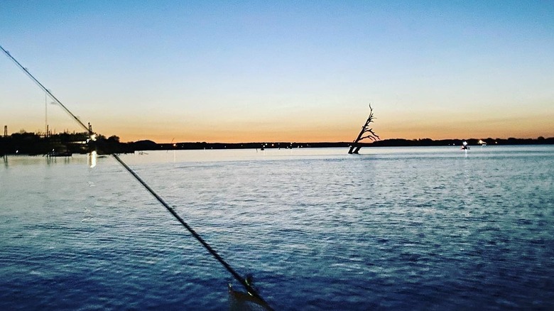 Sunrise behind fishing rod over water at Oak Creek Reservoir, Texas