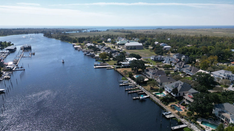 Aerial view of Madisonville, Louisiana, showing the Tchefuncte River