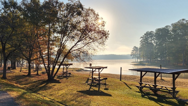 Picnic tables on the shores of Lake Martin at Wind Creek State Park, Alabama