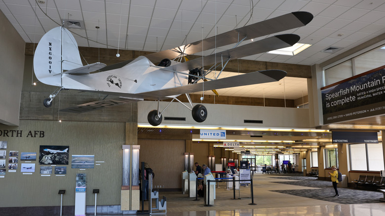 Biplane hanging inside Rapid City Regional Airport