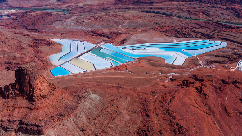 The potash ponds, with electric blue hues, in Moab near Canyonlands National Park, Utah