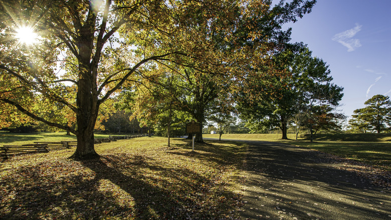 The entry to the New Echota State Historical Park in Calhoun, surrounded by trees and greenery