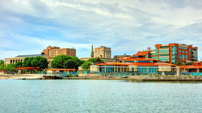 View of buildings and Lake Michigan in Racine