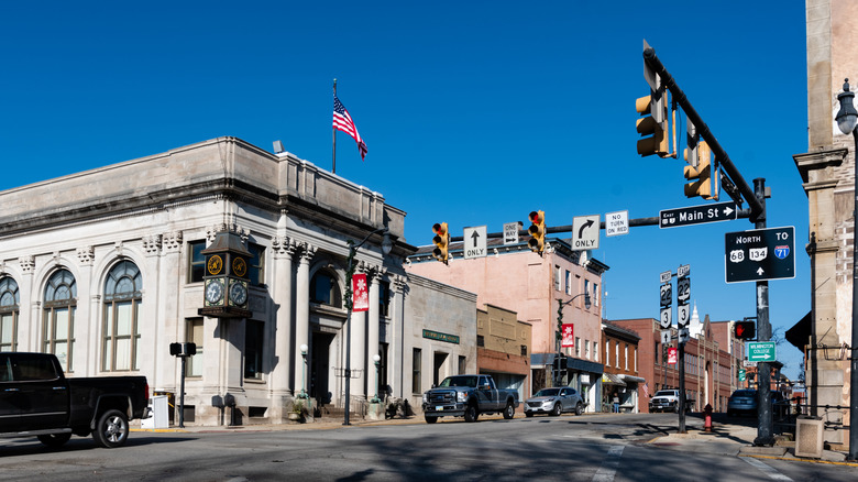 Buildings in the historic district of downtown Wilmington, Ohio on a sunny winter day