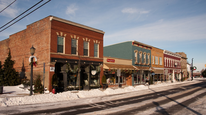 Businesses on Main Street during winter in Vermilion, Ohio