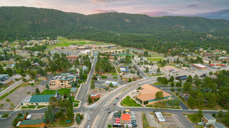 An aerial view of Woodland Park, Colorado with mountains in the background