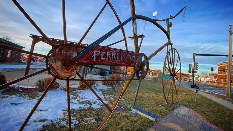 Public art installation, metal bike in Downtown Perry, Iowa
