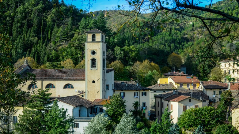 Church of San Lorenzo, nestled among picturesque houses and lush trees in Marradi