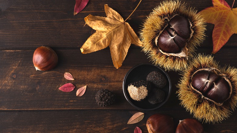 Chestnuts, black truffles, and fall leaves on a wooden table