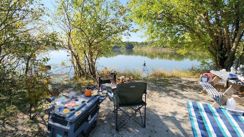 Campsite with cooler, chair, picnic table, and trees overlooking Salamonie Lake