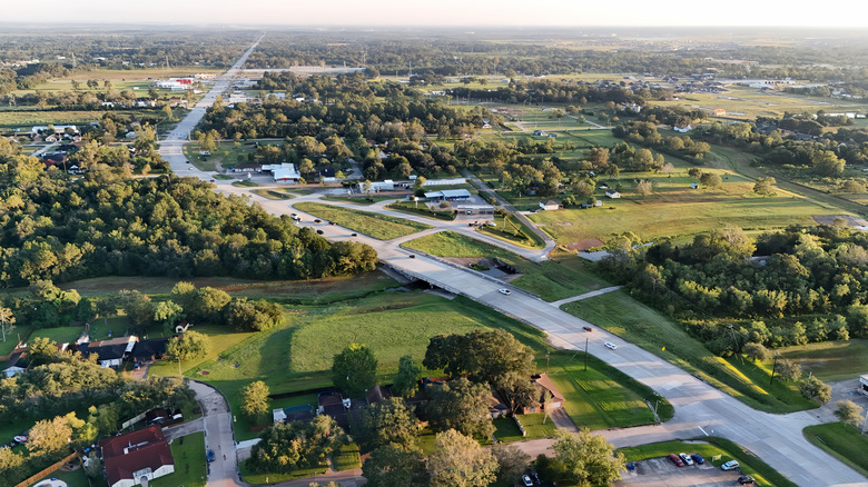 Arial view of the road on the drive into Dickinson