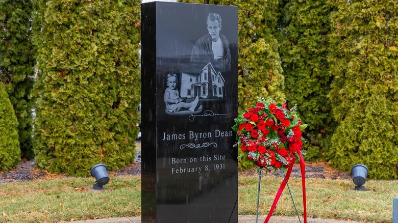 The James Dean birthplace marker in downtown Marion, Indiana