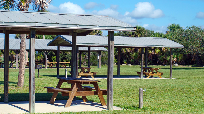 Picnic benches and shelters in Gamble Rogers Memorial State Recreation Area