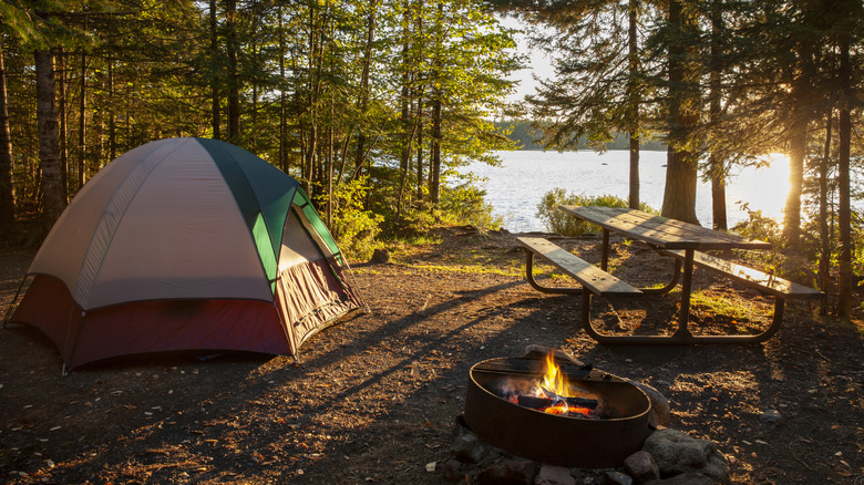 a camp pitched near a scenic water body with tables and fire ring