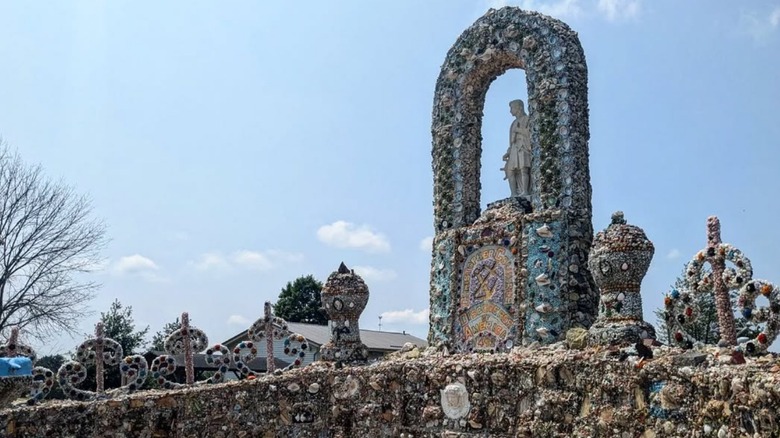 A closer look at the statues and stone-covered walls of the Dickeyville Grotto and Shrines