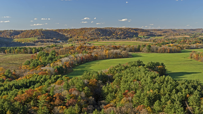 An expansive view of the forests and hills of the Kickapoo Valley