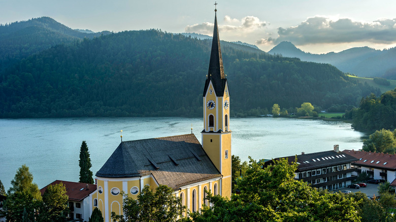 Church of St. Sixtus at Schliersee surrounded by lake scenery