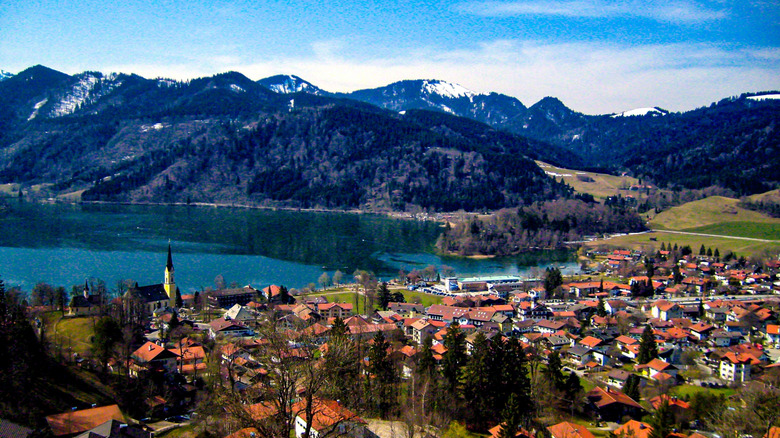 Aerial view of Schliersee, Germany by the lake with mountains