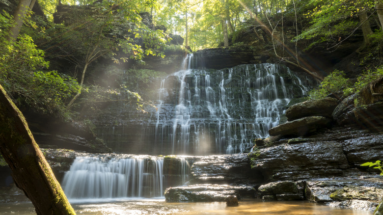 Machine Falls in Tullahoma, Tennessee, with sun rays reflecting on the cascading water
