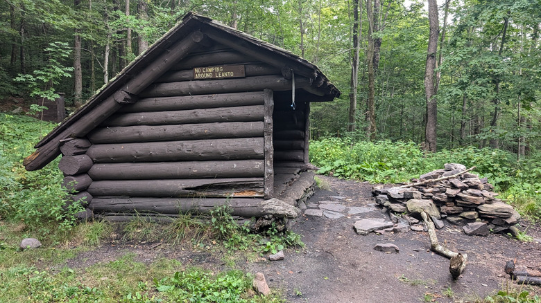 A log lean-to at Echo Lake in the Indian Head Wilderness of New York