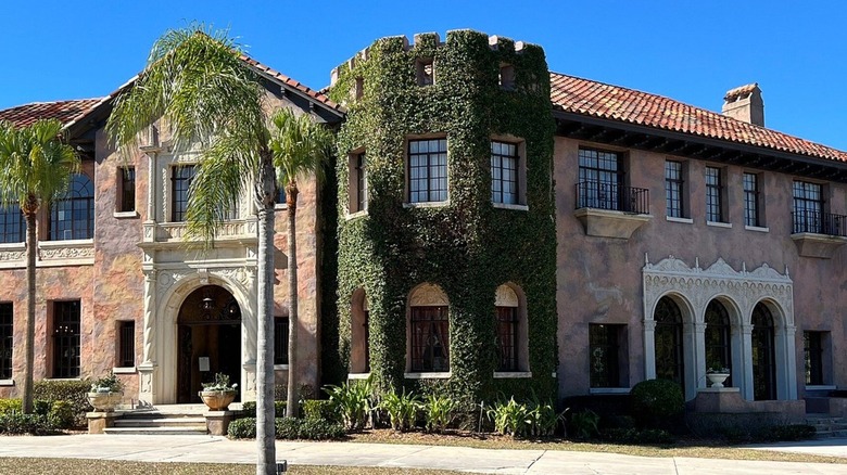 View of the Mediterranean Revival facade of The Howey Mansion