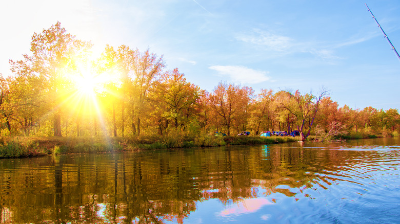 Lake with sunrise between fall trees