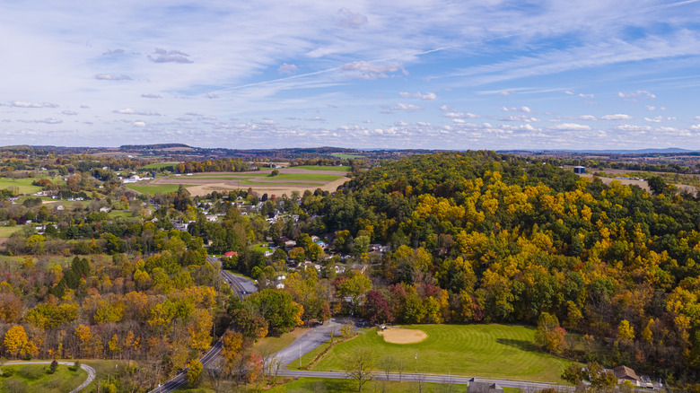 Fall colors with an aerial view of Downington Pennsylvania