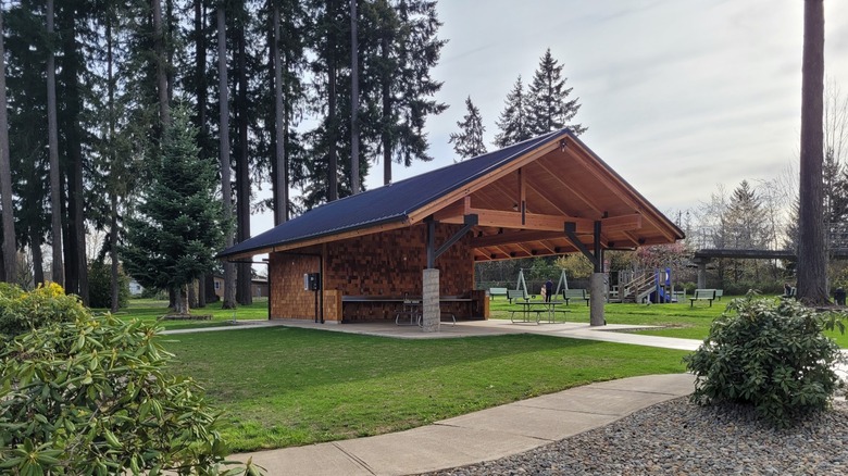 A wooden picnic pavilion overlooks a playground and pine grove in Napavine, Washington.
