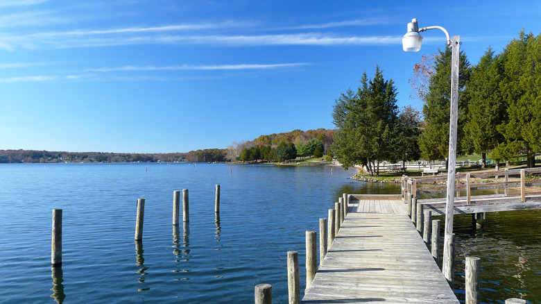 A wooden pier extends into the calm water at Lake Anna State Park, Virginia.