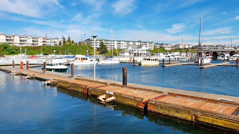 View of the marina near Des Moines Beach Park in Washington