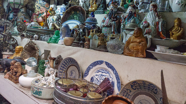 Antique shop shelves with items