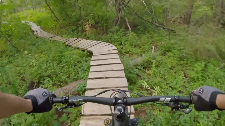 Mountain biking the "skinnies" on the Bent Femur Trail at Squilchuck State Park, WA.